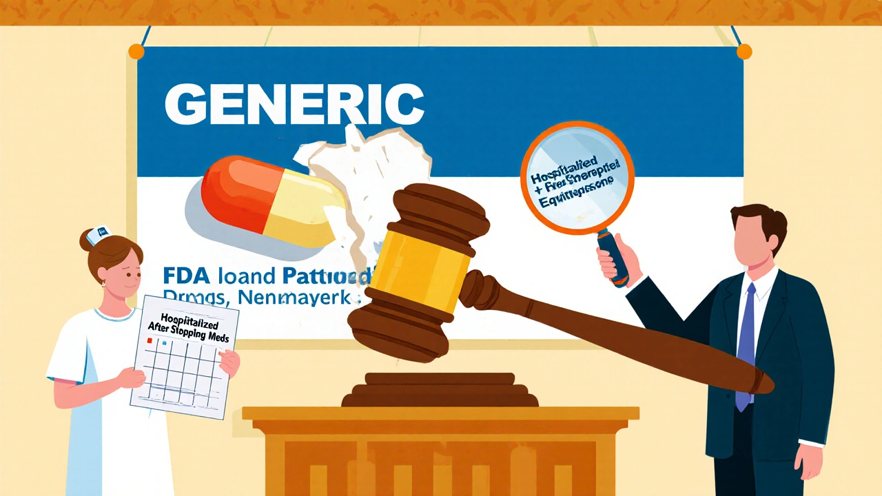 Courtroom scene with FDA gavel removing deceptive generic drug ad.