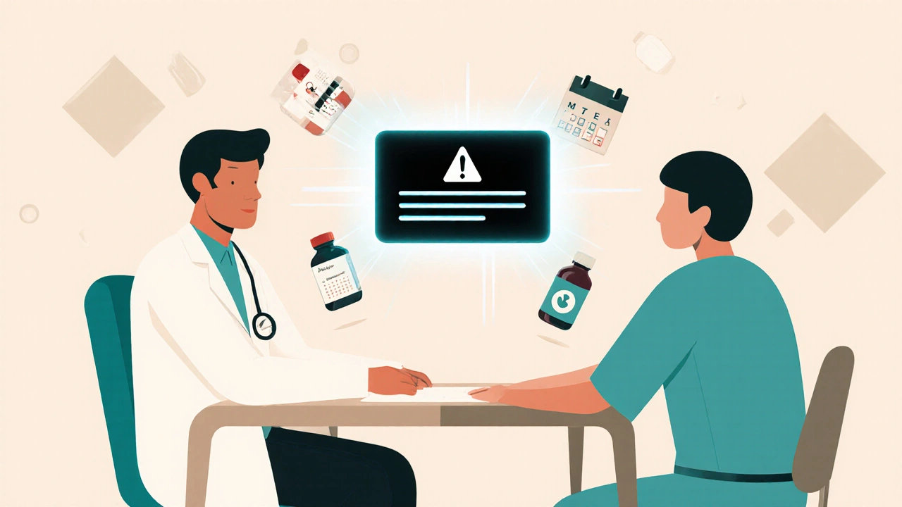 Doctor and patient discussing a black box warning with medical icons floating around them.