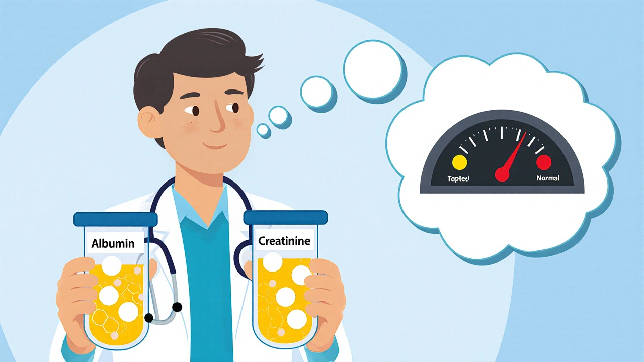 Doctor comparing ACR and creatinine test results with car warning lights