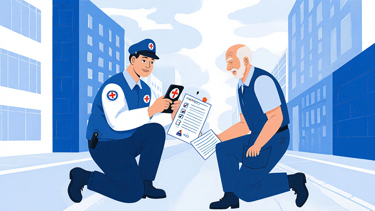 Emergency responder viewing medical info on a phone lock screen while checking a paper list.