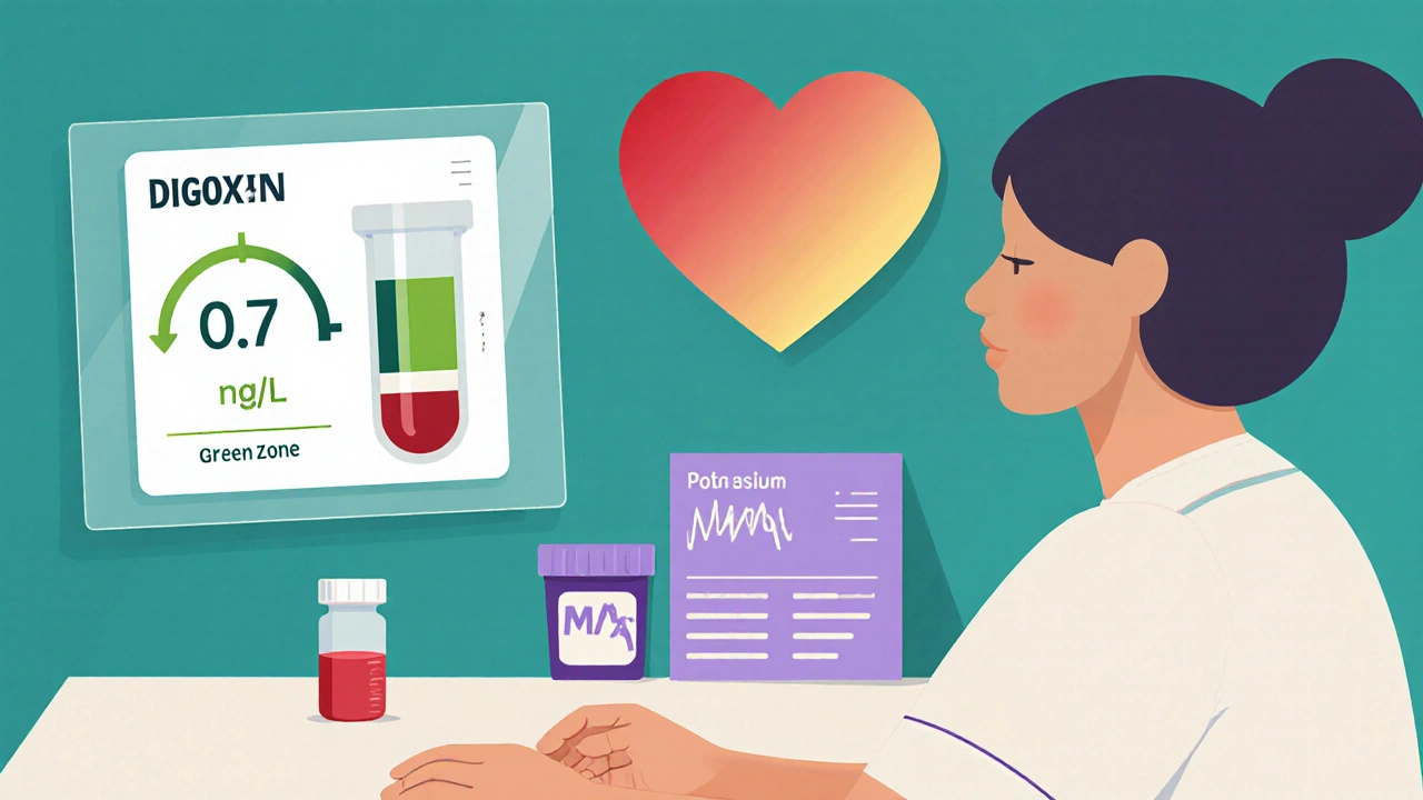 Nurse monitoring postpartum patient with digoxin blood level reading and healing heart in flat cartoon style.
