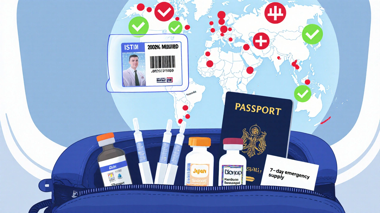 Open carry-on with insulin, meds, and medical ID card, globe showing restricted countries, digital barcode bubble