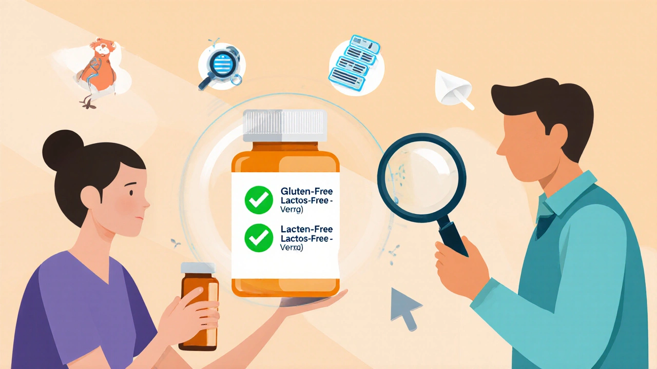 Patient and pharmacist discussing pill ingredients with transparent overlay of safe, labeled excipients.