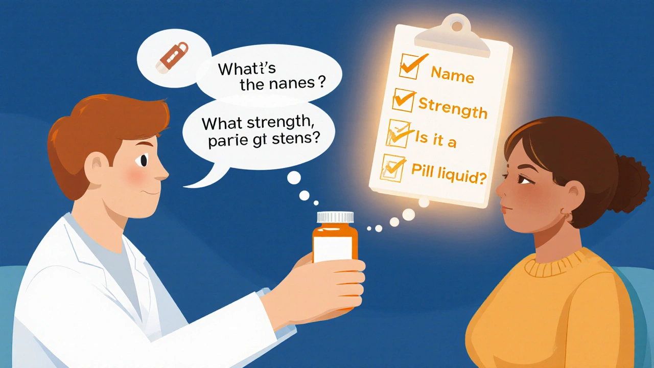 Patient asking pharmacist three key questions about medication name, strength, and form in a friendly clinic setting.