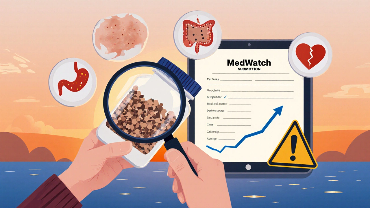 Patient examining pills with magnifying glass, showing contaminants and symptoms