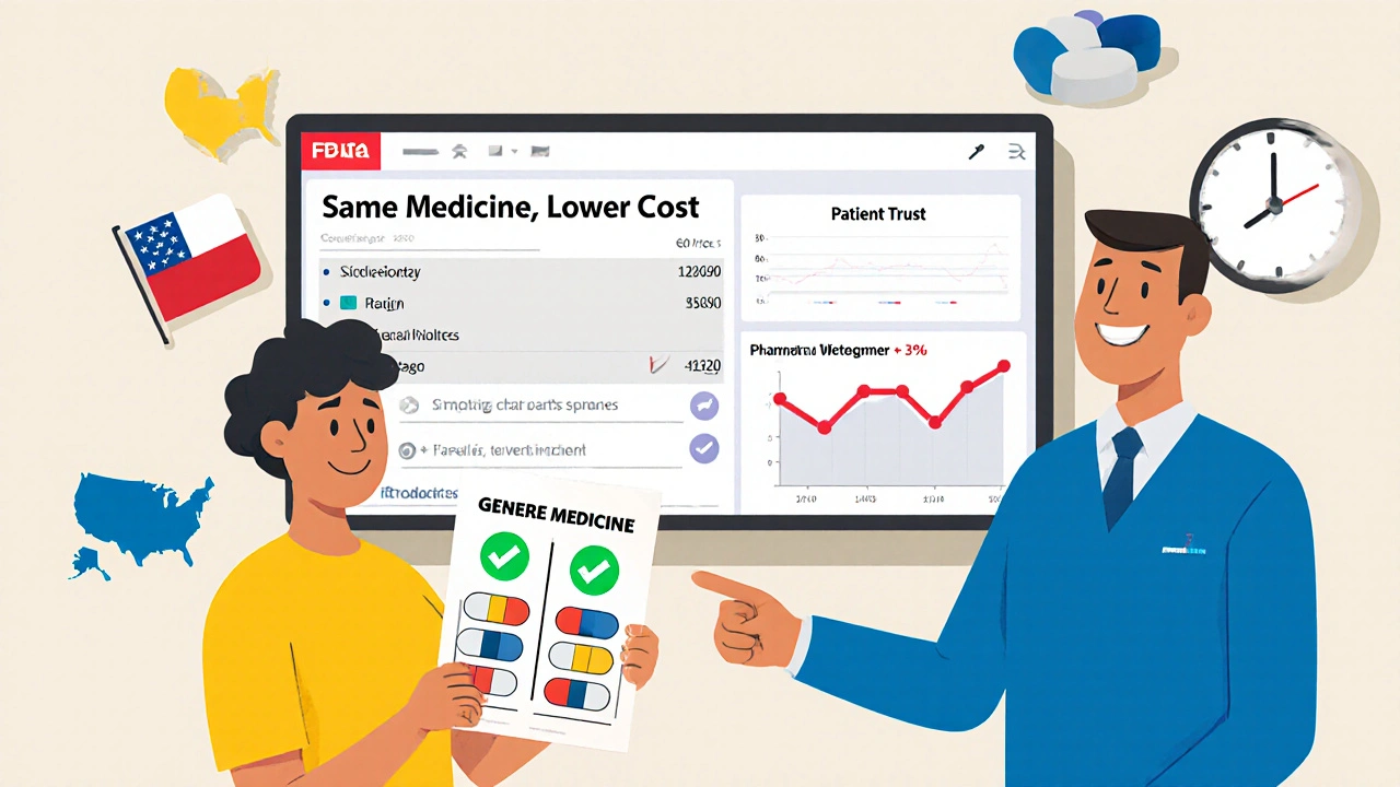 Patient holding handout comparing brand and generic pills with checkmark and live FDA data feed