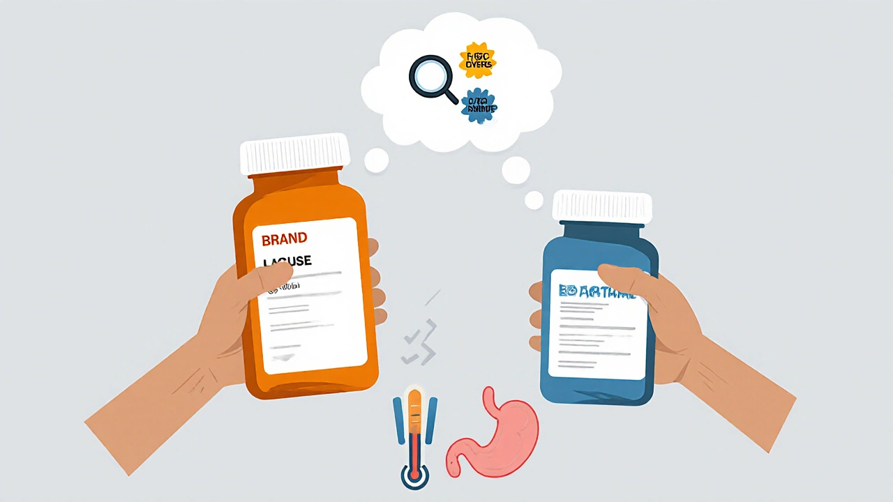 Person comparing prescription bottles with a thought bubble highlighting problematic pill fillers like dyes and preservatives.