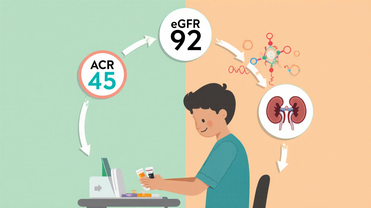 Person getting kidney tests with eGFR, ACR, and cystatin C icons floating nearby