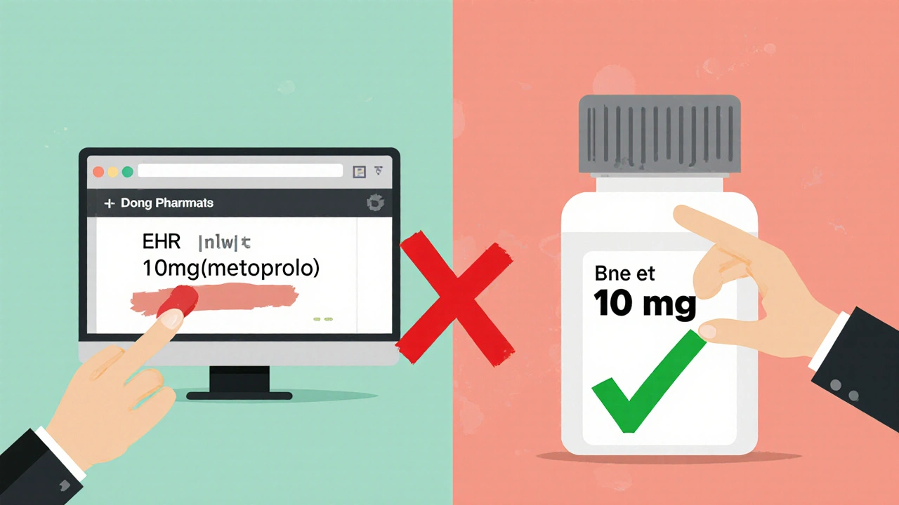 Pharmacist comparing digital prescription to physical pill bottle, with correct spacing between number and unit highlighted.