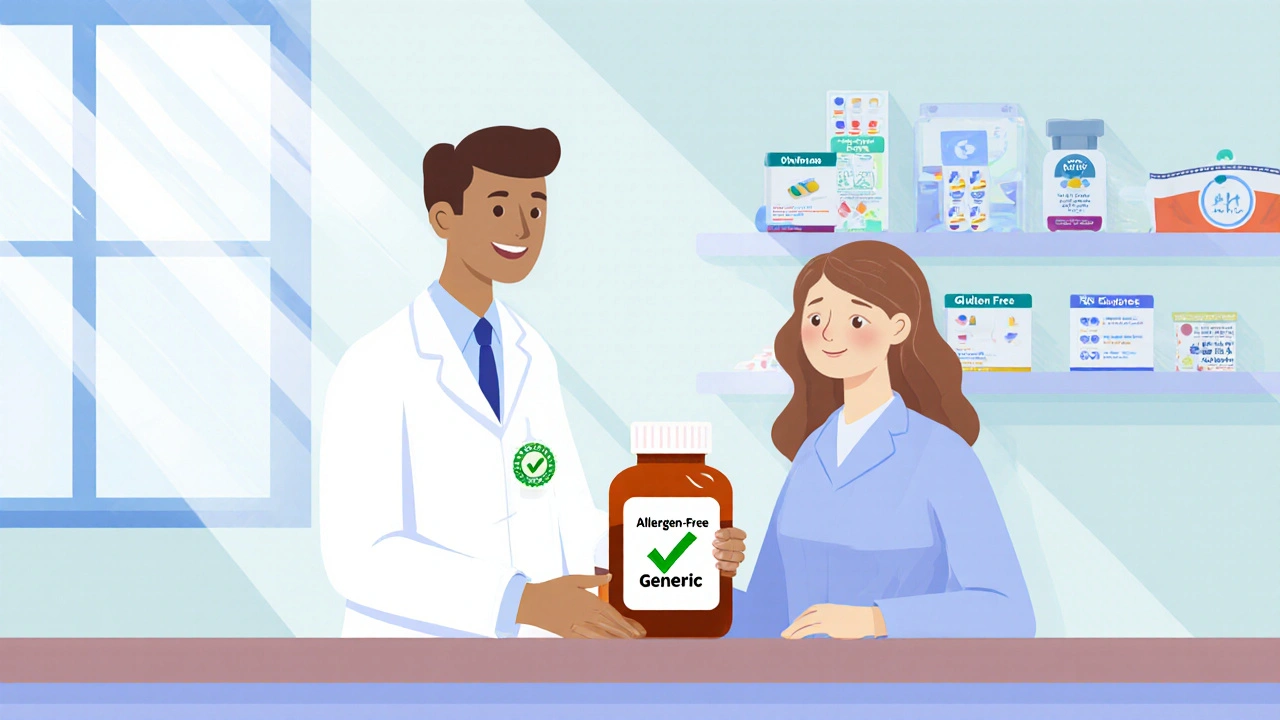Pharmacist handing a patient an allergen-free generic medication with clear labeling for lactose-free and dye-free options.