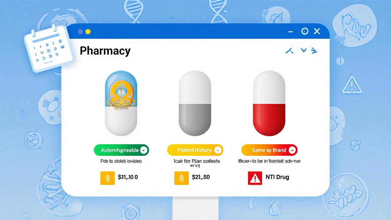 Pharmacy computer screen showing three drug types with color-coded safety alerts for substitution