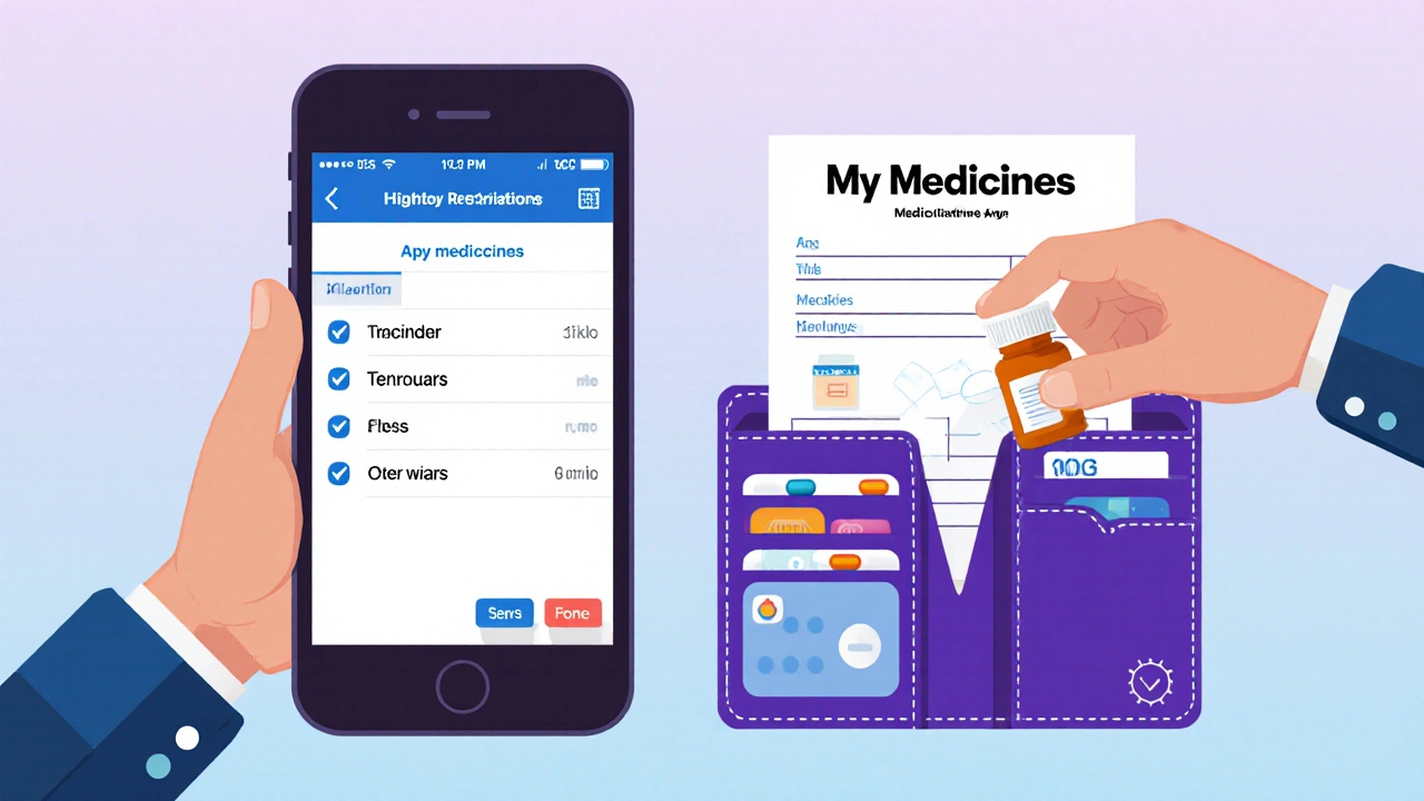 Smartphone app and printed medication form side by side, with hand adding a new pill.