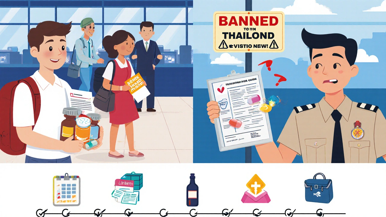 Split scene: calm traveler with proper docs vs. panicked one with seized pills, 6-week checklist icons below