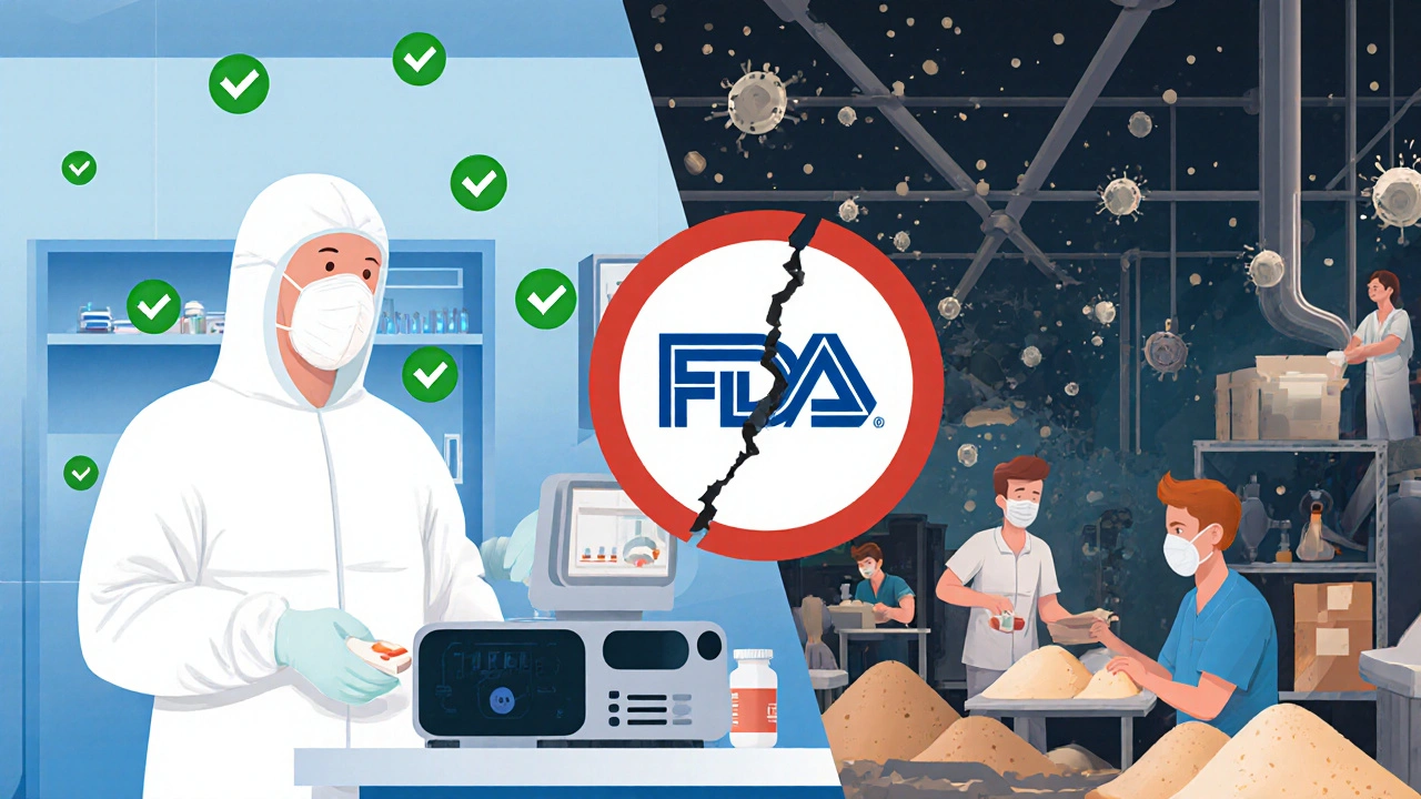 Split scene: clean pharmacy lab vs. dirty overseas factory with quality control issues