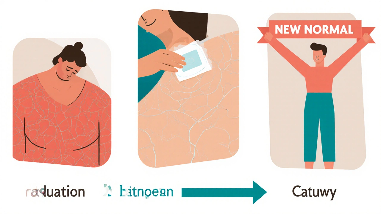 Timeline showing radiation skin damage healing into recovery with new normal signs.