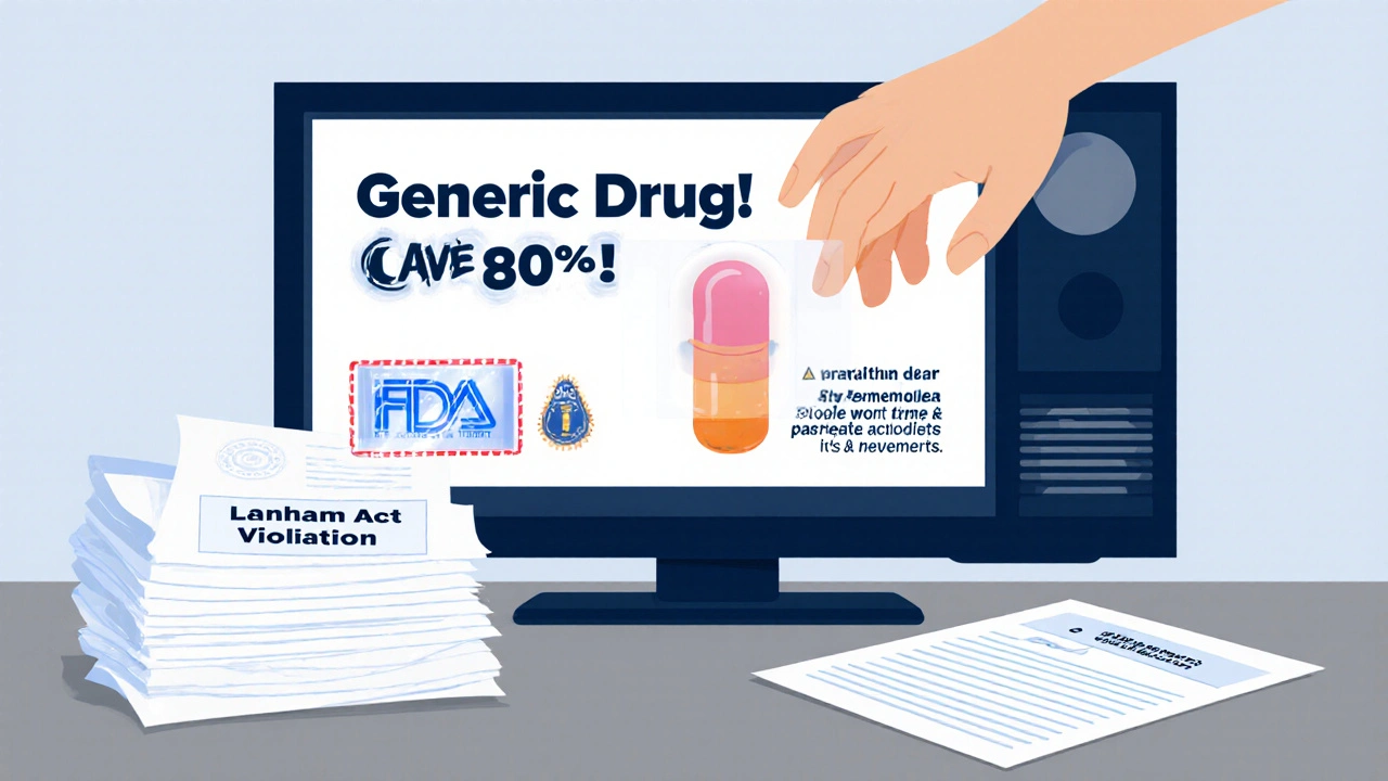 TV ad for generic drug showing large savings claim with tiny, hidden risk warnings.