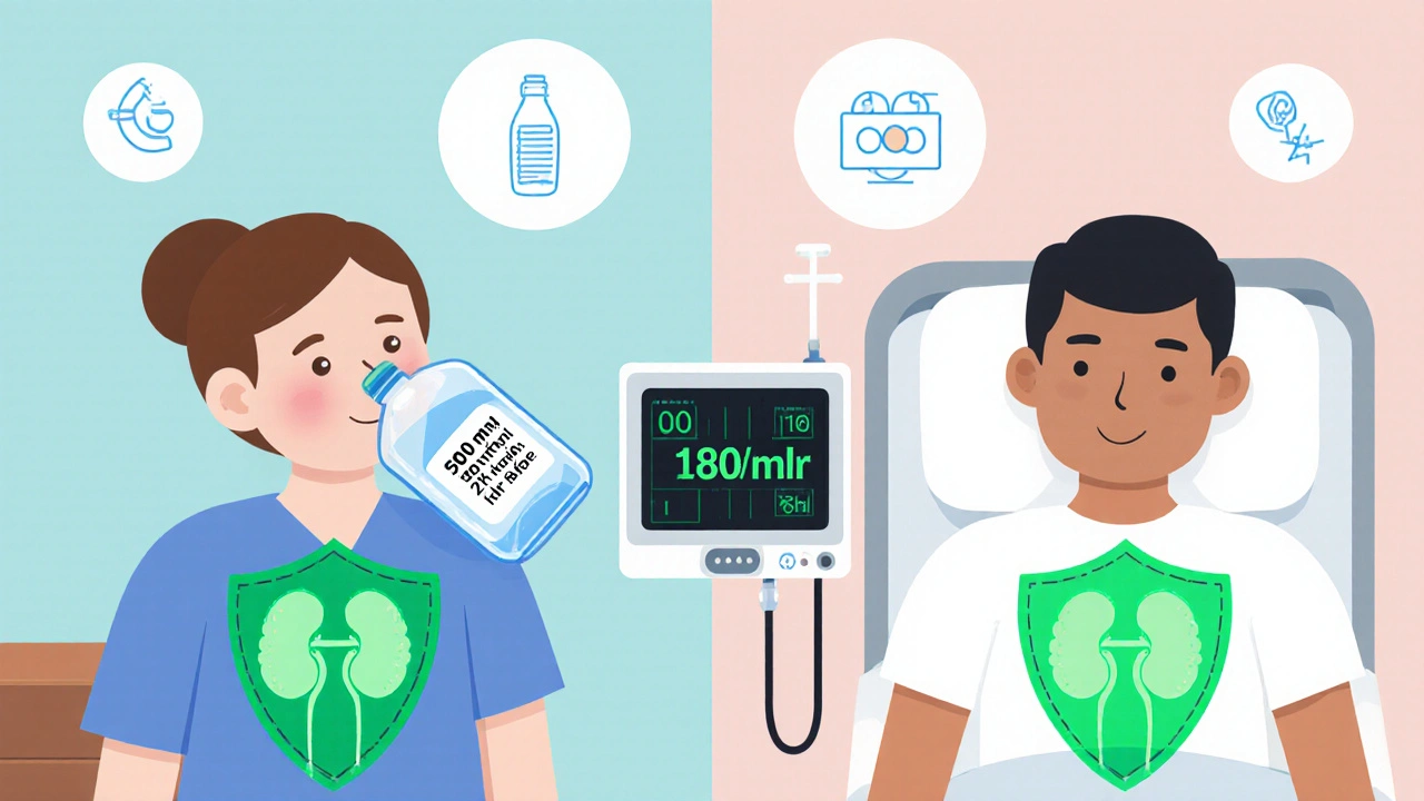 Two patients: one drinking water at home, another receiving IV fluids in hospital, both with protective shields around their kidneys.