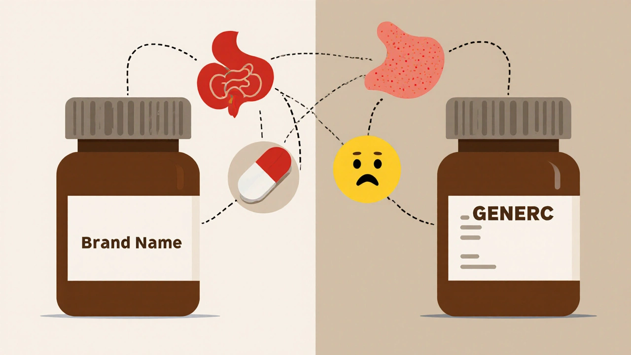 Two pill bottles side by side with abstract icons showing allergic reactions to generic drug fillers.