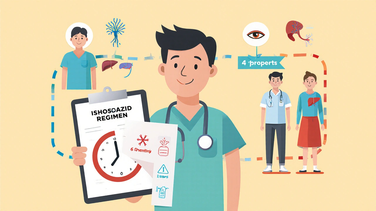 Two treatment paths for TB, one 6 months and one 4 months, with health risk icons.