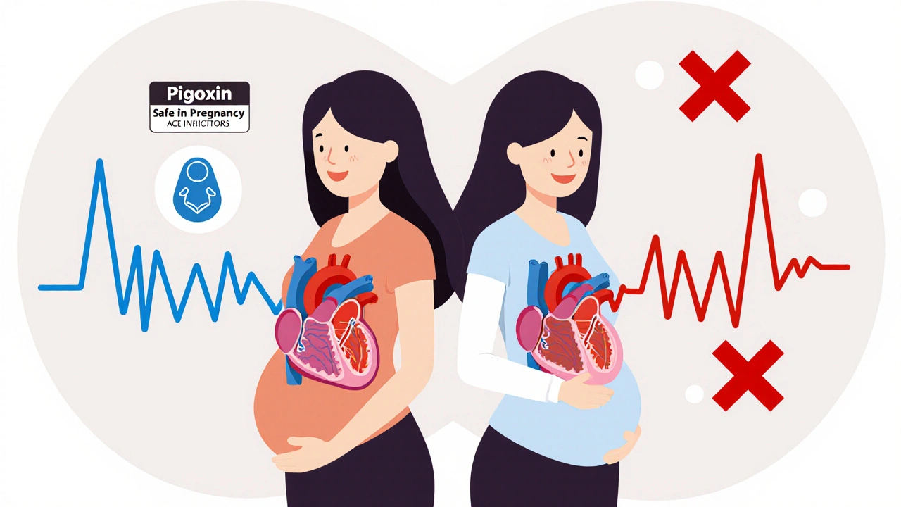 Two women with heart icons showing normal vs. PPCM, medication symbols with safety labels in flat illustration.