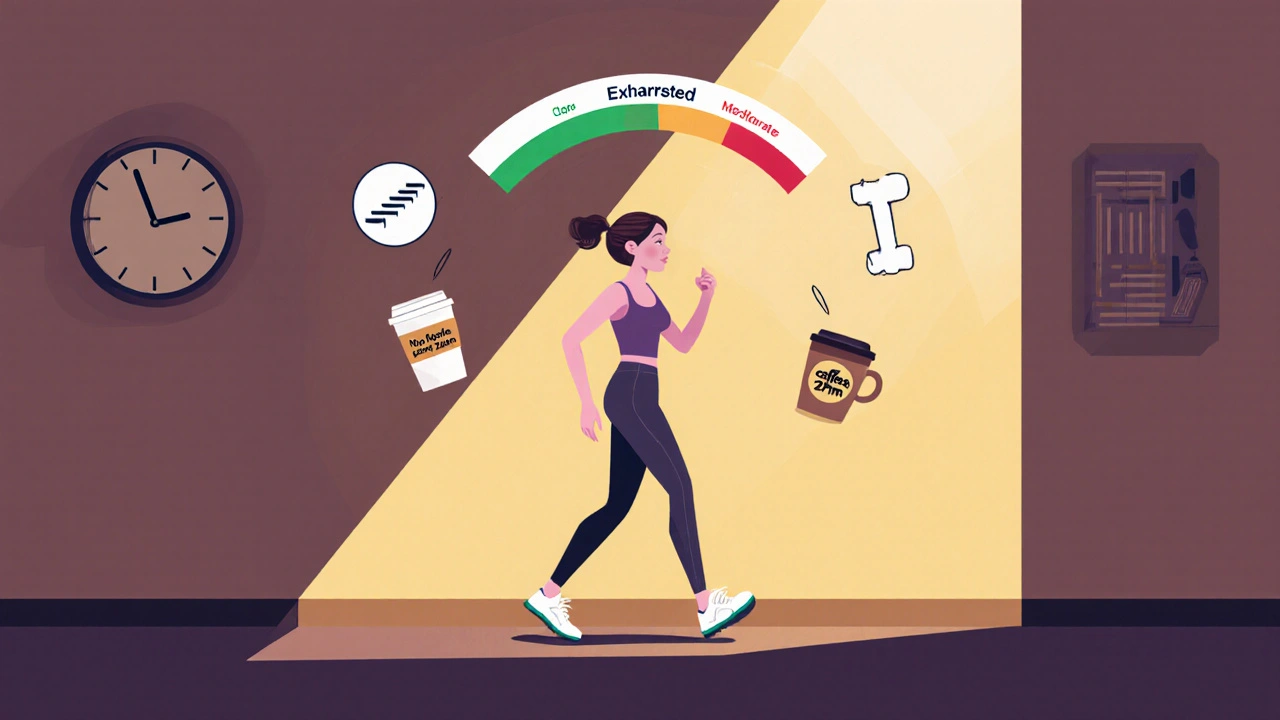 Woman walking with energy levels improving, steps and weights symbolizing movement reducing fatigue.