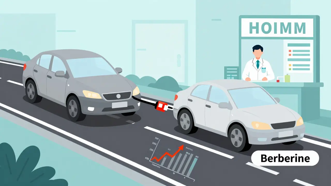 A car with two brake systems, one being disconnected, as blood sugar graphs rise on the road in flat cartoon style.