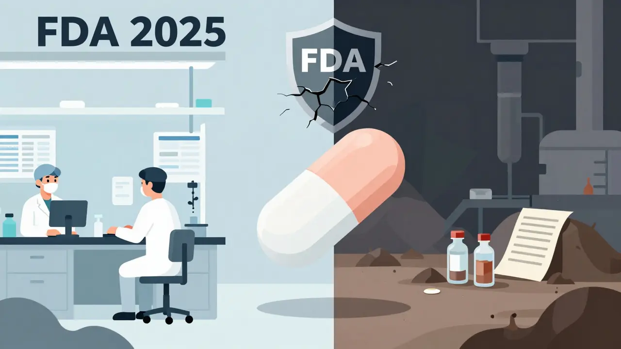 A generic pill split in half—clean U.S. lab on one side, chaotic foreign factory on the other, under an FDA shield.