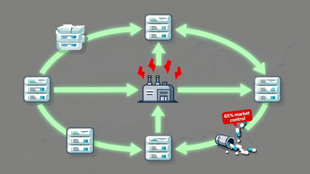 A map of connected states sharing generic drug stockpiles, with one vulnerable factory marked in red.