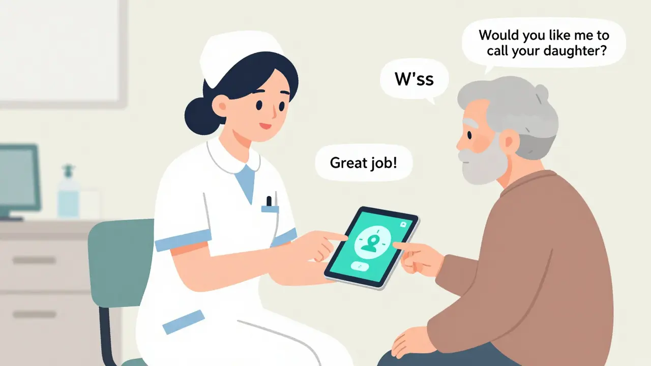 A nurse helping an older patient use a voice-activated health app in a clinic, with friendly AI responses floating nearby.