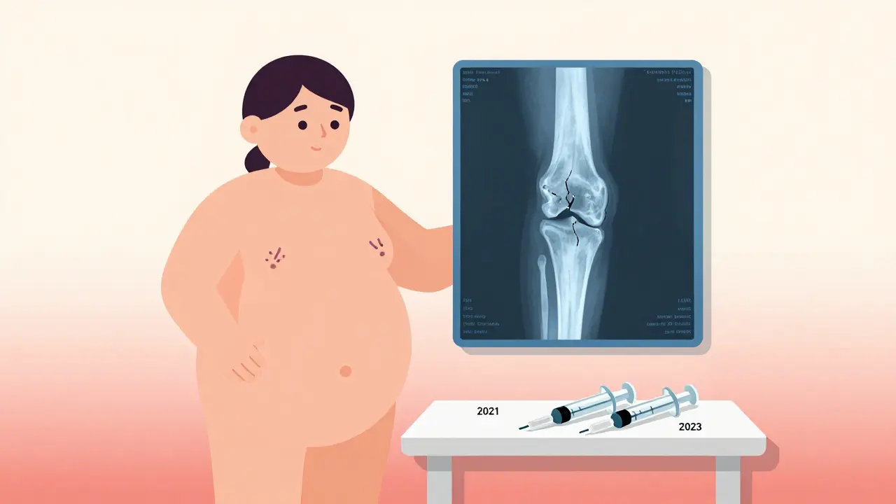 A patient showing Cushing-like symptoms beside X-rays of joint damage from multiple steroid injections over three years.