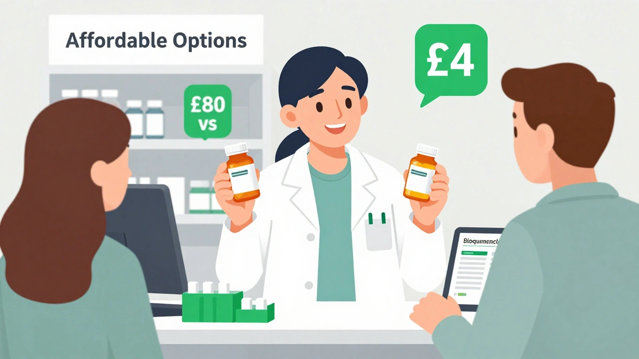 A pharmacist explaining the difference between brand-name and generic medications to a patient.
