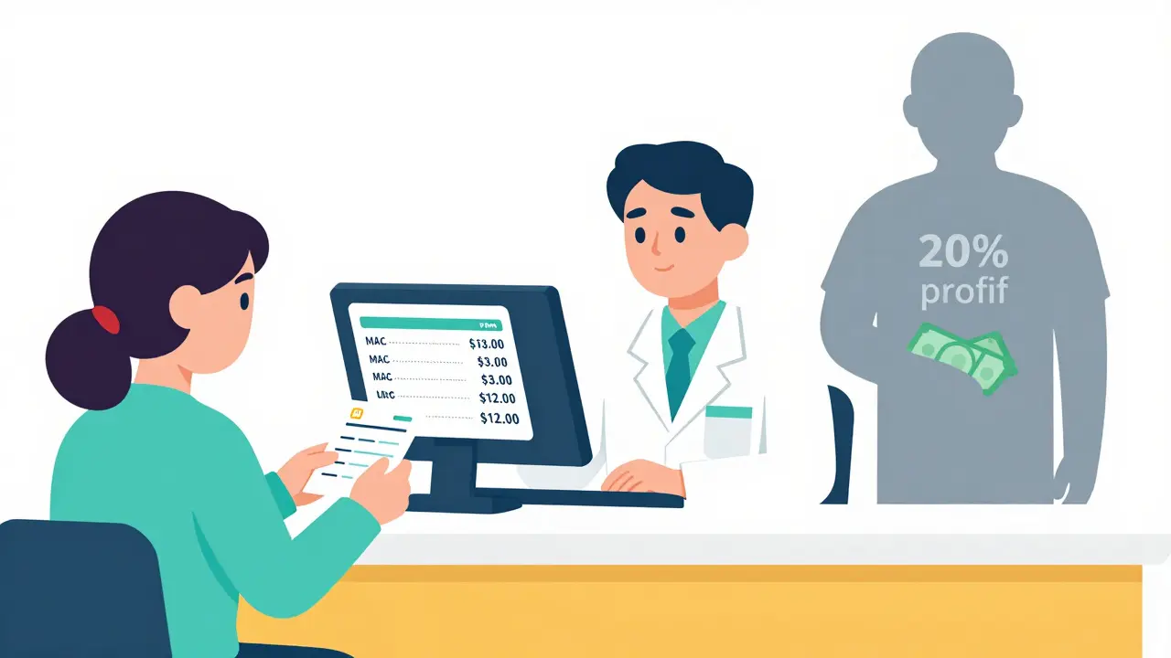 A pharmacist sees a mismatch between outdated price cap and real drug cost at a pharmacy counter, with a profit-taking PBM in shadow.