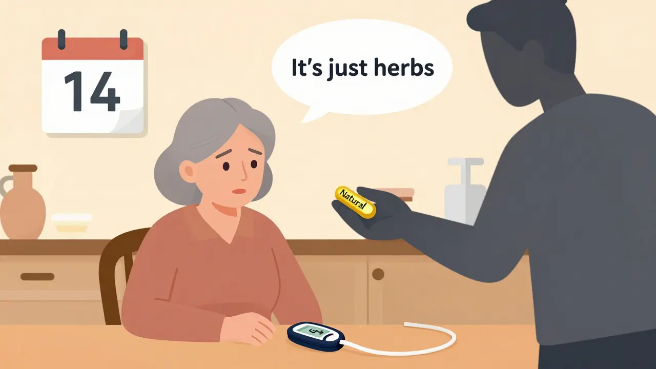 An older woman with high glucose readings, unaware that a herbal supplement is causing the spike, in flat design illustration.