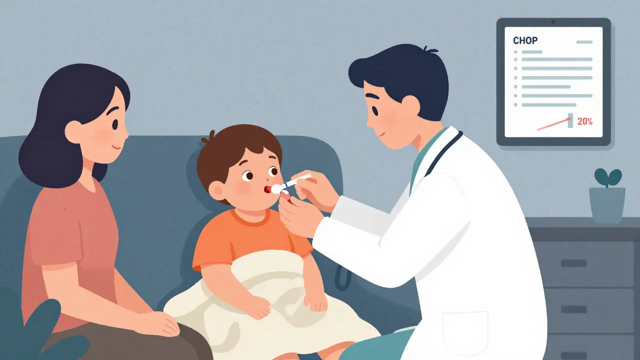 Anesthesiologist giving nasal medication to child in sensory-friendly room with parent nearby.