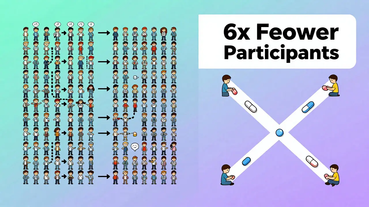 Comparison of 144 participants in a parallel study vs. 24 in a crossover design, highlighting efficiency.