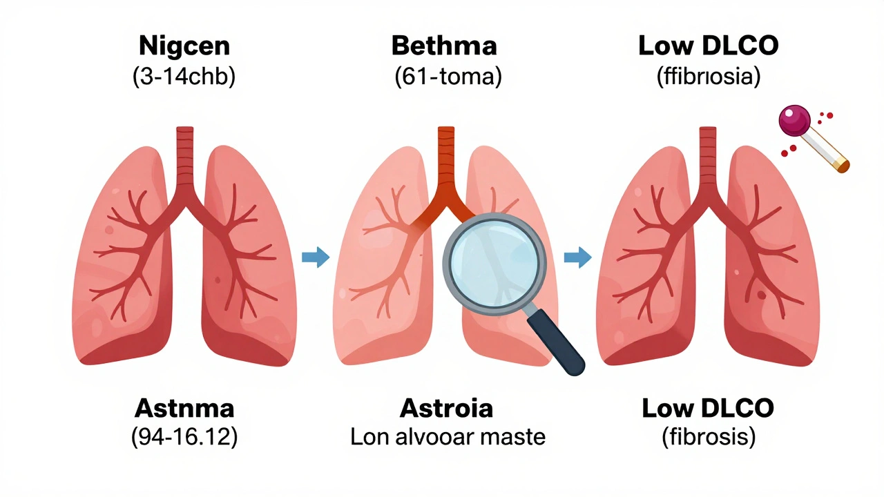 Comparison of three lung conditions with test values and key factors