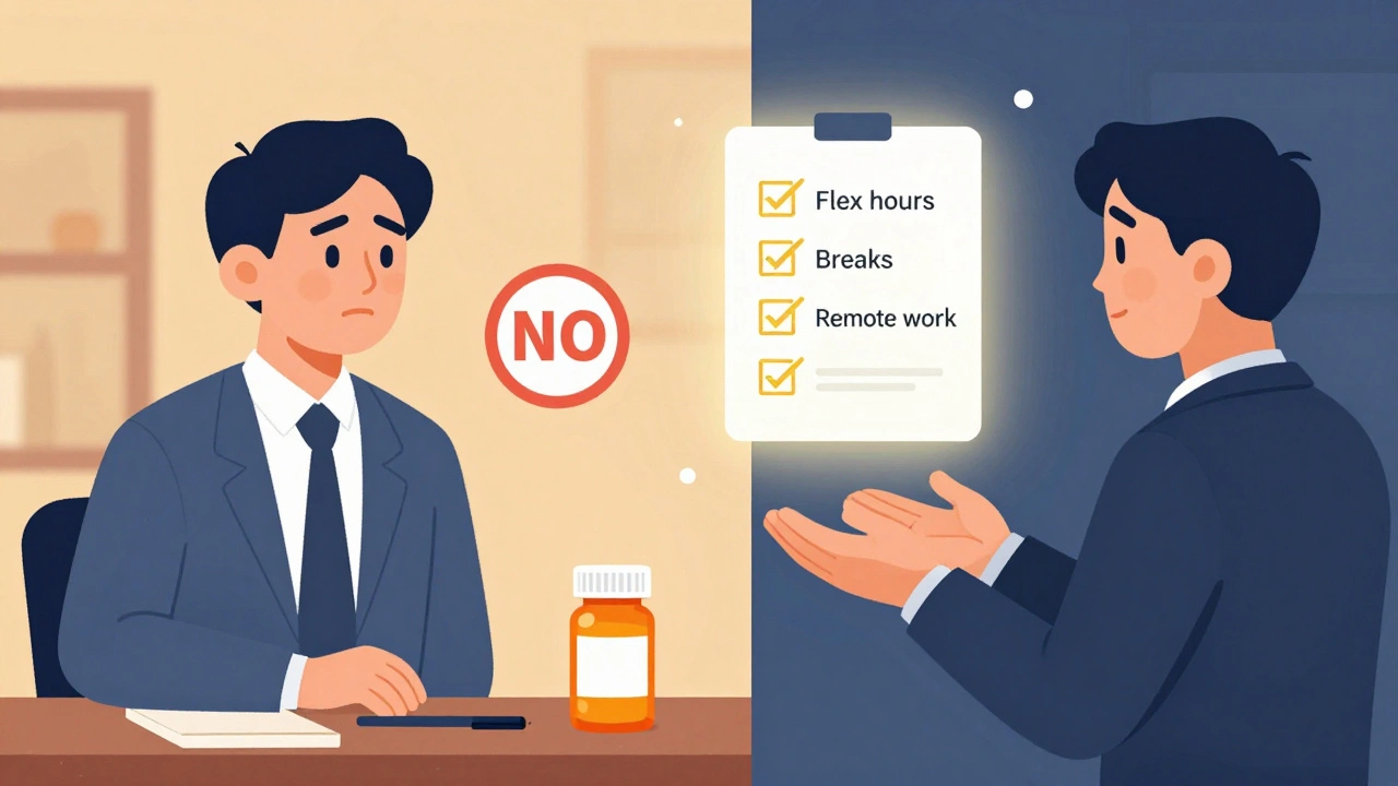 Contrasting scenes: manager rejecting vs. supporting accommodation requests, highlighting the importance of dialogue.