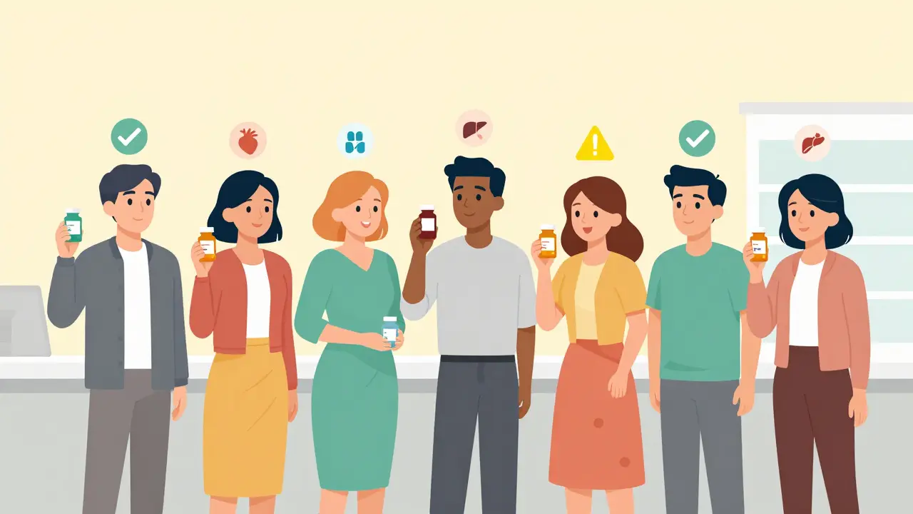 Diverse people at pharmacy with genetic icons above heads, receiving personalized medication labels.