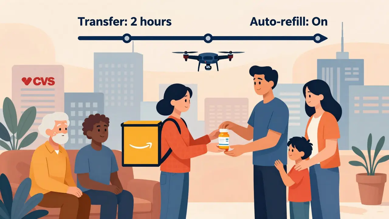 Diverse people receiving medication deliveries at home with auto-refill and fast transfer timeline shown.