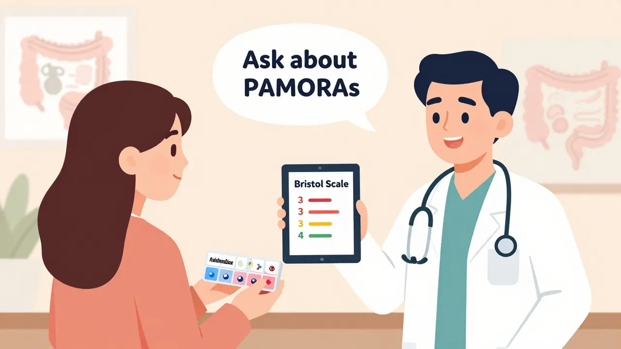 Doctor and patient discussing bowel health with Bristol Stool Scale on tablet, PAMORA pills visible in daily organizer.