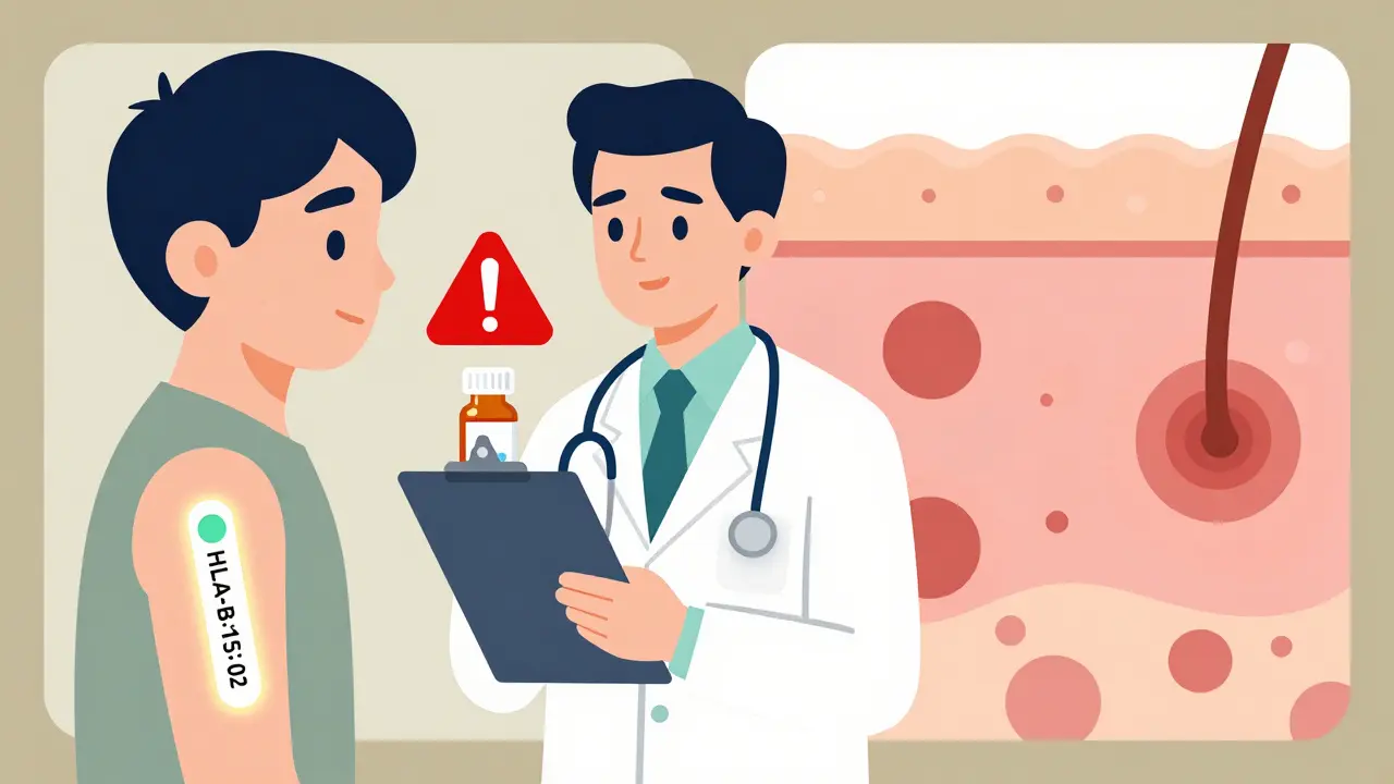 Doctor and patient with HLA gene warning above a prescription bottle, split-screen showing health vs. skin reaction.