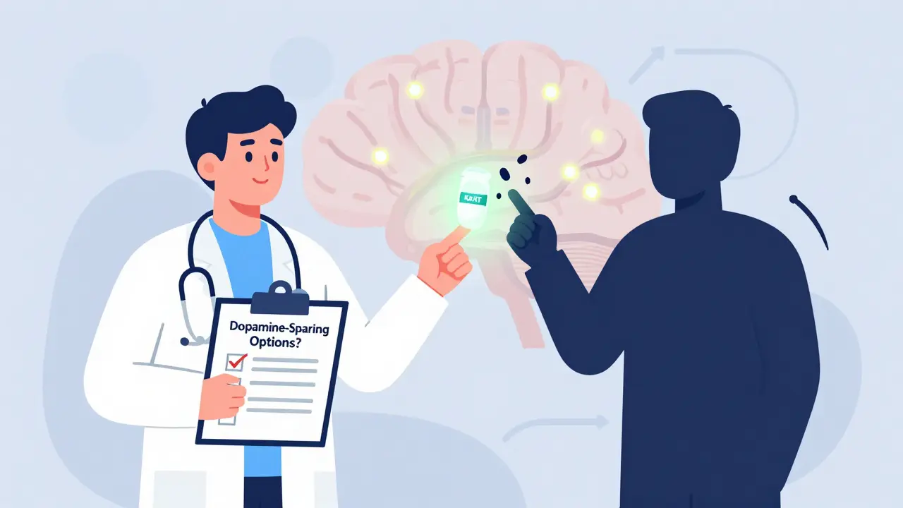 Doctor pointing to a new dopamine-sparing pill as an old antipsychotic crumbles, brain pathways glowing softly.