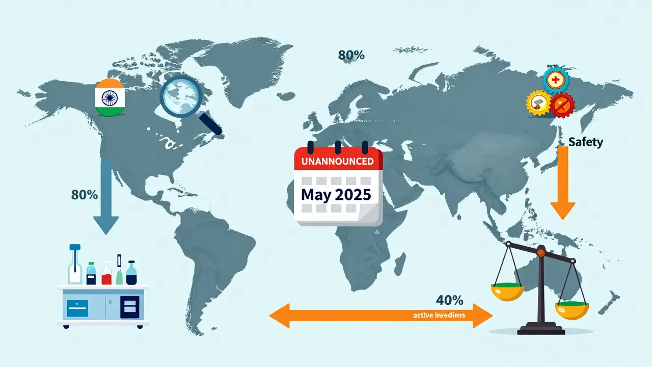 Global map showing medicine supply chains from Asia to the U.S., with inspection icons and compliance indicators.