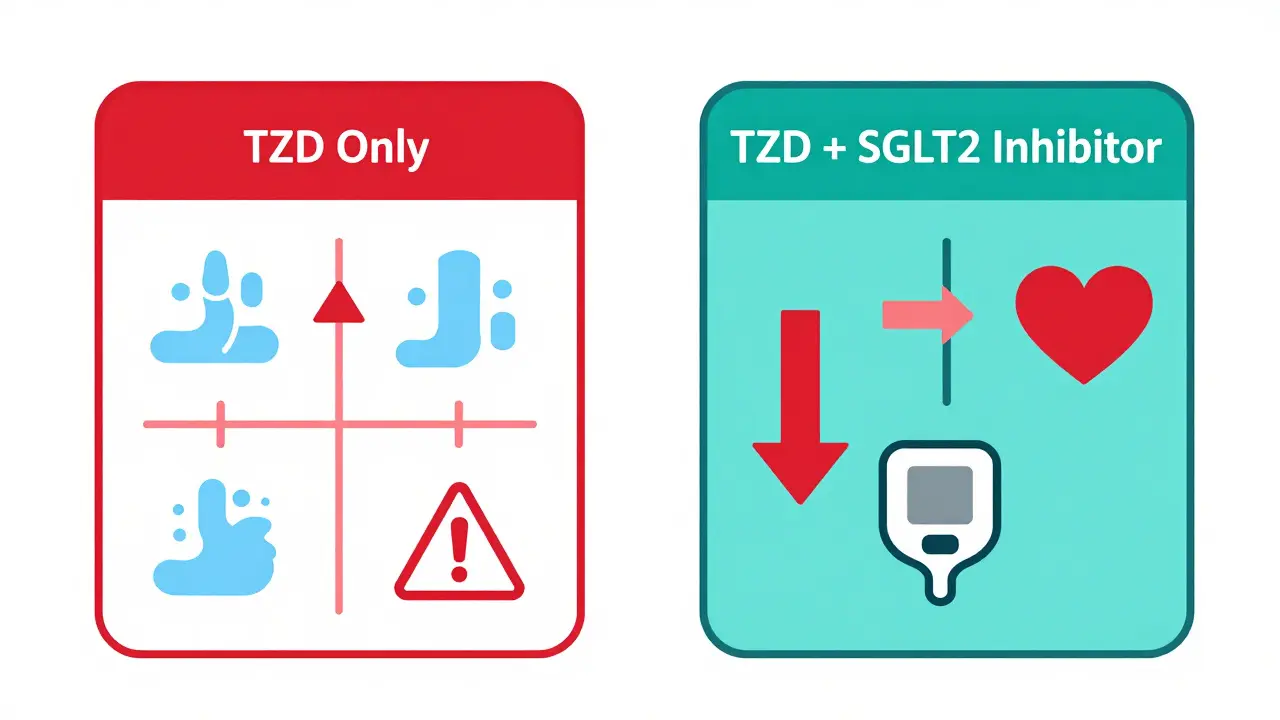 Medical pathway comparison showing TZD side effects vs. combined treatment with heart benefit