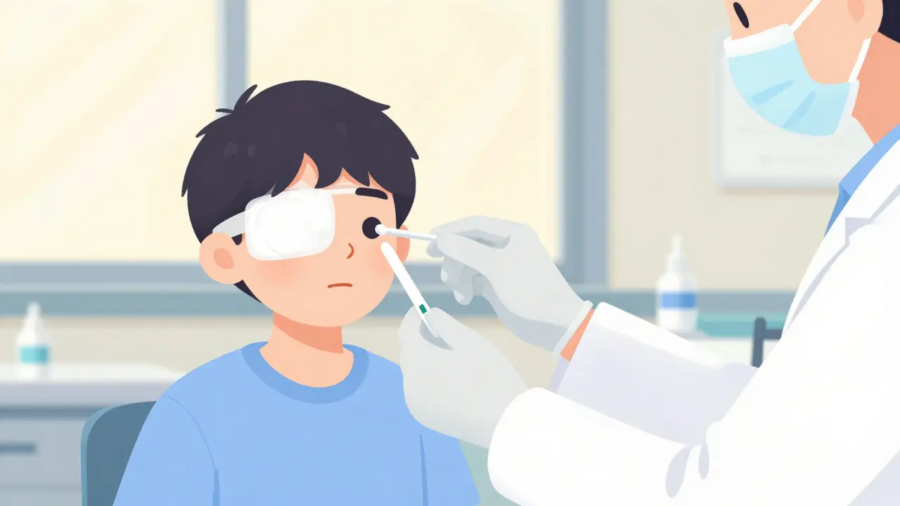 Medical professional testing eye pH with litmus paper after chemical injury treatment.
