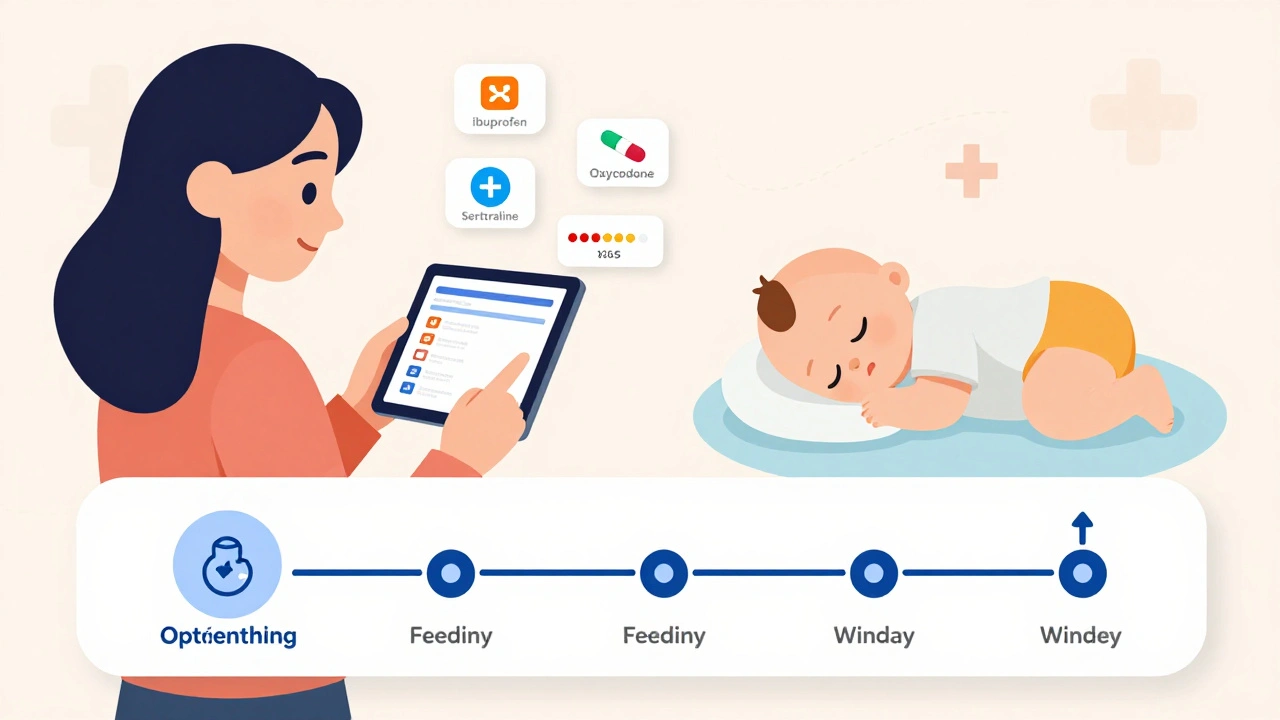 Mother checking LactMed app on tablet while baby sleeps, with medication safety icons floating nearby.