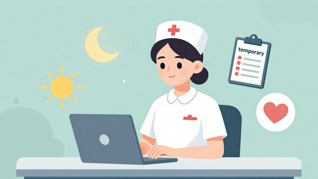 Nurse working at a desk during daytime, with icons showing transition from night shift to administrative duties.