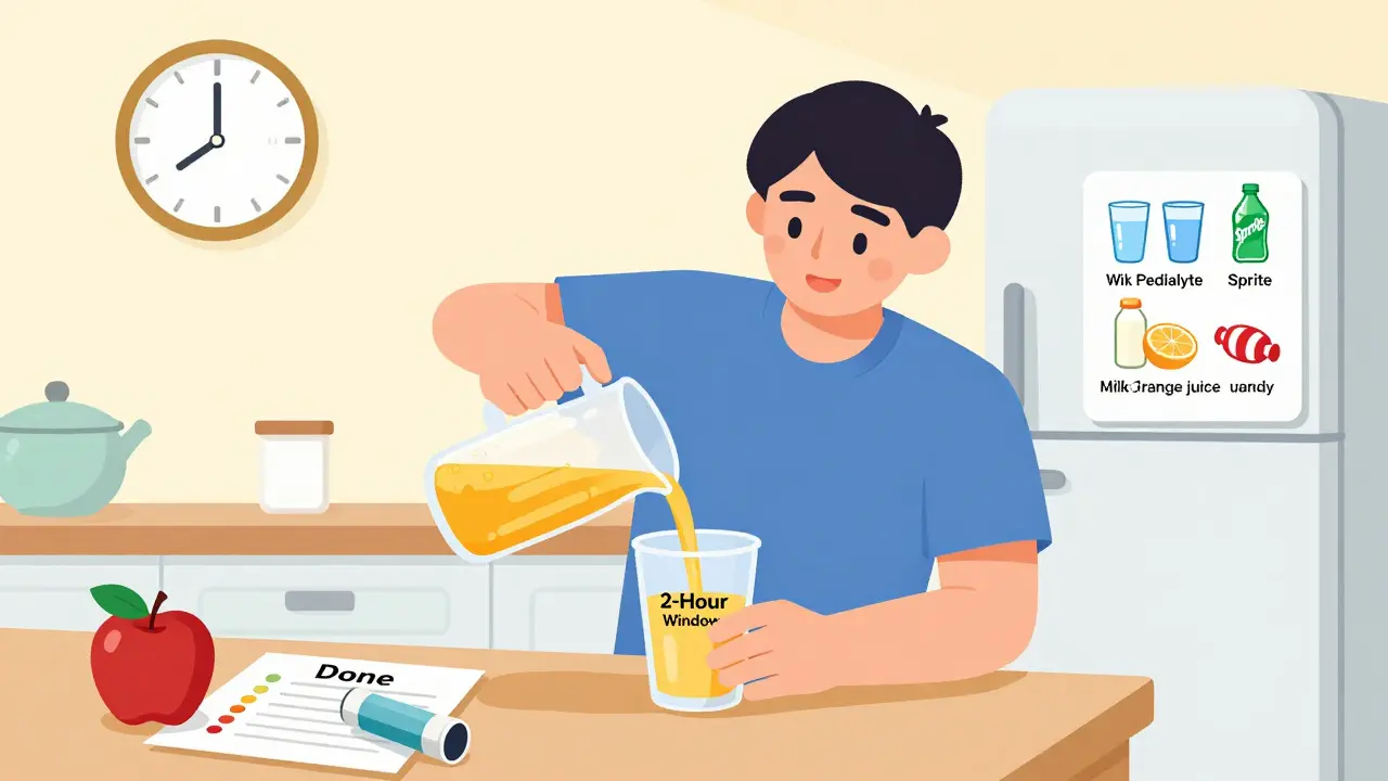 Parent pouring clear juice for child before surgery, with allowed liquids checklist on counter.