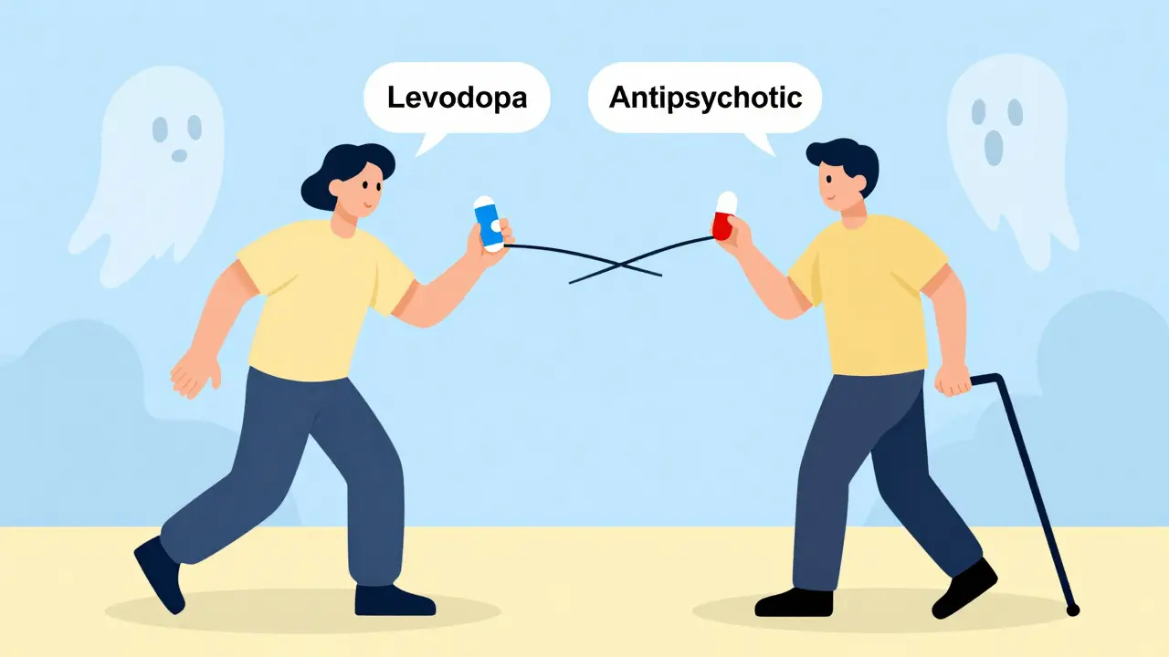 Patient torn between two pills, one enabling motion, the other causing stiffness, with hallucinations nearby.