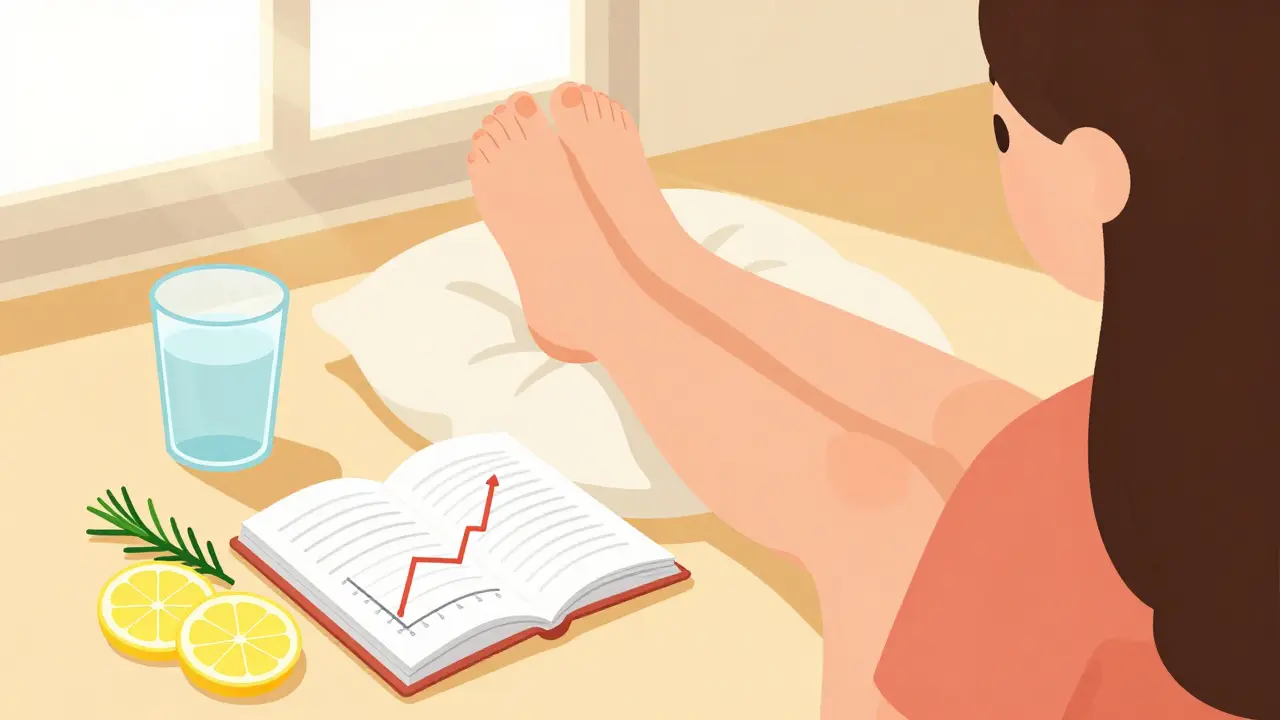 Person elevating legs with daily weight log and healthy herbs, calm home setting